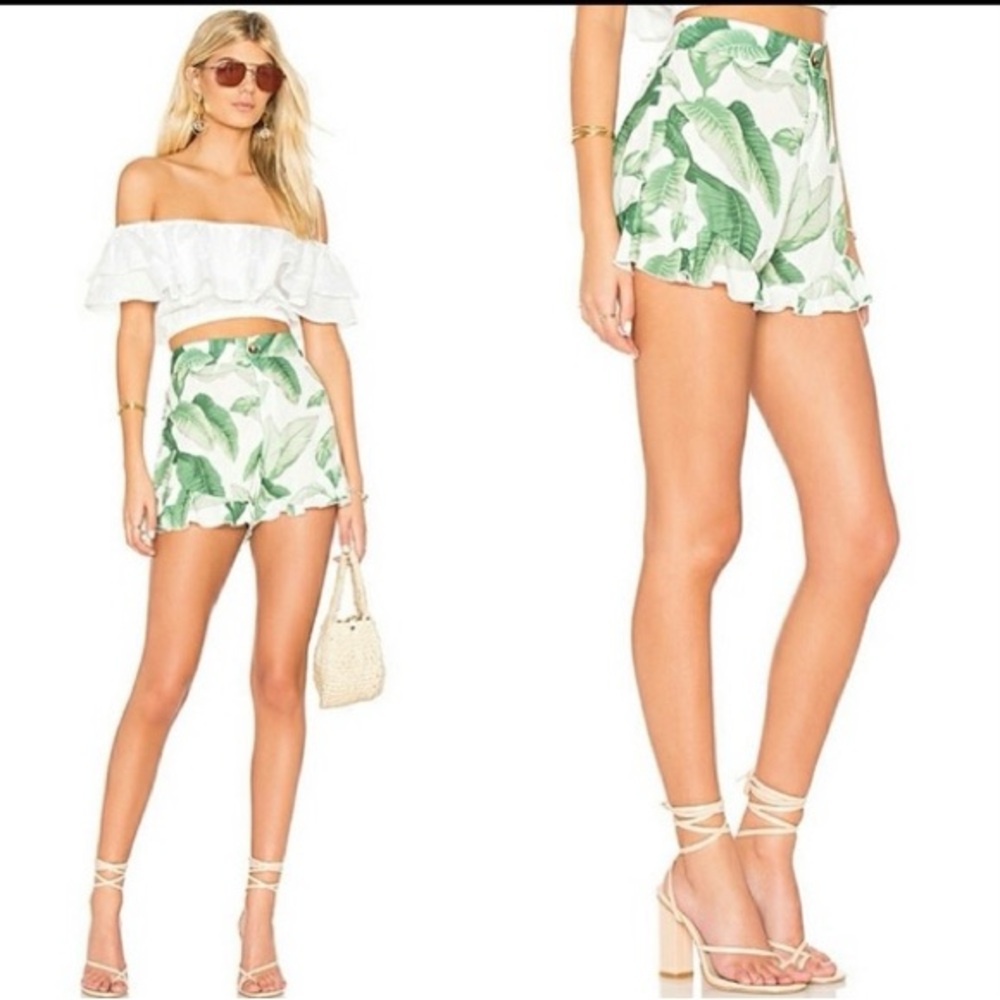 Show Me Your‎ Mumu Tropical Leaf Print Ruffle Hem High Rise Shorts Size XS